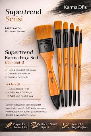 Supertrend Karma Fırça Seti 6 Lı Set 8 Zemin, Kedi Dili Ve Yan Kesik Uçlu Profesyonel Boya Fırçası