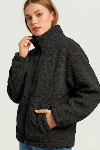Kadın Peluş Tam Fermuarlı Cepli Sherpa Kuzu Kumaş Oversize Peluş Polar Sweatshirt Siyah