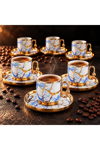Valkyrie 12 Parça 6 Kişilik 80 Ml Türk Kahvesi Fincan Takımı Mavi Gold Mermer Desenli K653 Mavi