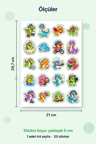 Dinozorlar İş Başında 20 Adet Mini Dinozor Sticker Çıkartma A4 Kırtasiye Etiketi Çok Renkli