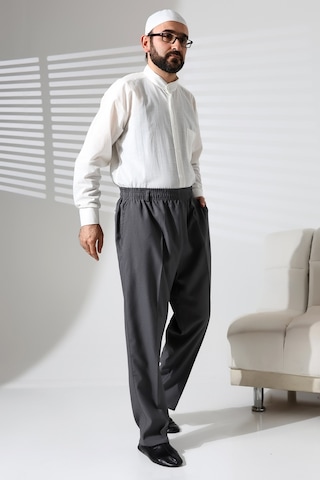 Erkek Beli Lastikli Cepli Hac Ve Umre Kışlık Yün Efektli Şalvar Pantolon - Gri İsr Gri