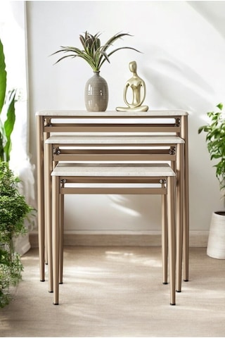 Bazal Serisi Traverten Desen 1. Sınıf Mebran Mdf 3 Lü Zigon Sehpa Takımı Bronz Ayak Çok Renkli