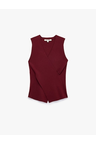Koton Slim Fit Katlı Kolsuz Viskon Karışımlı V Yaka Bluz Bordo 7wal30002ıt