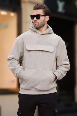 Madmext Boyalı Gri Kapüşonlu Kapaklı Cep Detaylı Polar Erkek Sweatshirt 7097 Gri