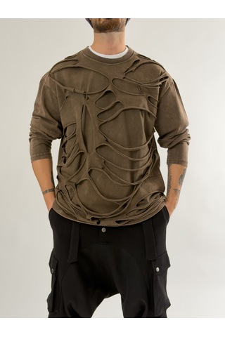 Cocopelli Street Yıkamalı Kahverengi Tasarım Erkek Sweatshirt Coc2648 Kahverengi