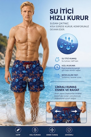 Miami Beach Su İtici Özellikli Dijital Baskılı Likralı Esnek Kumaş Erkek Plaj Deniz Şort Mayo // 280-lacivert Lacviert