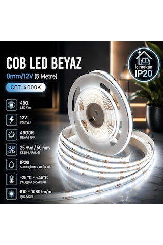 Cob Led Şerit Beyaz 8mm/12v 5m Voltaj: 12v