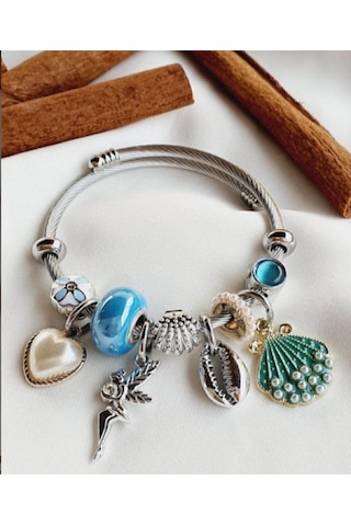 Artepieza Gümüş Renk Mavi Deniz Kabuğu Charmlı Çelik Bileklik