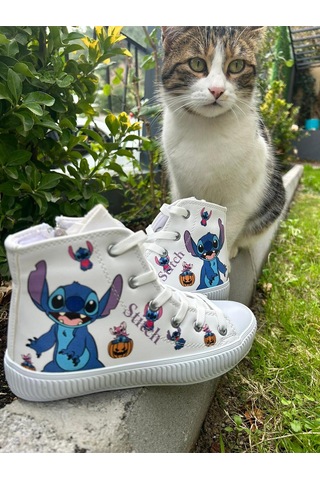 Scarpe Magiche Kız Çocuk Stitch Baskılı Günlük Spor Ayakkabı Sevimli Karakter Desenli Beyaz
