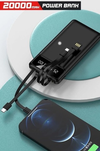 Digital Göstergeli 4 Çıkışlı Fenerli Standli 20.000 Mah Powerbank Siyah
