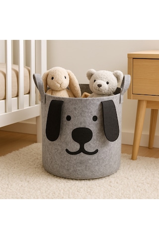 Figürlü Keçe Oyuncak Ve Çamaşır Sepeti Gri