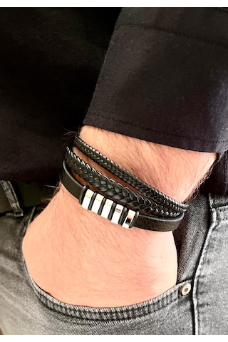 Gns Aksesuar Mixli Trend 3lü Model Siyah Erkek Bileklik 21 Cm Siyah