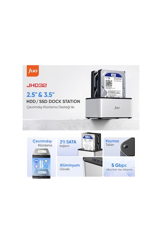 Juo Jhd32 Usb 3.0 Çift Yuvalı 2.5" Ve 3.5" İnç Sata Hdd Ssd Offline Clone Docking Station Klon Fonksiyonlu Disk İstasyonu