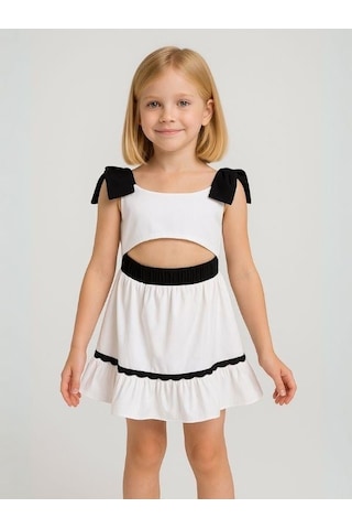 Kız Çocuk Omuzları Fiyonk Detaylı Bel Dekolte Detaylı Elbise-16068 Beyaz
