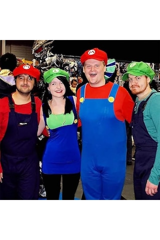 Süper Mario Kostümü Luigi Şapkası Mario Cadılar Bayramı Kostümü Şapka Askıları 4 Eldiven 14 Bıyık 4 Düğme Cosplay Kostümü Karnaval Çocuk Erkek Kadın