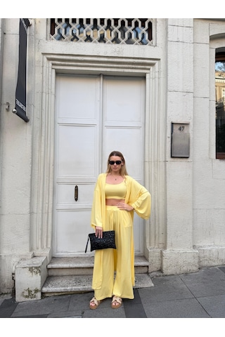 Bonacosa Kadın Viskon 3 Lü Takım Kimono + Beli Lastikli Salaş Pantolon + Crop 8 Renk Sarı