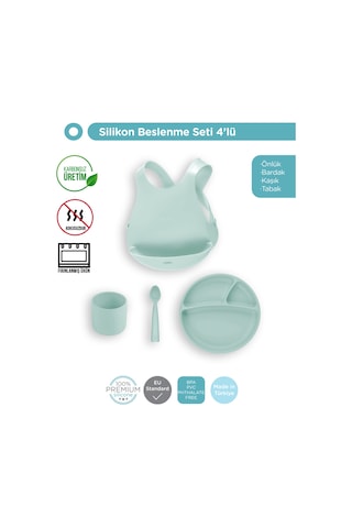 Silikon Beslenme Seti 4'lü River Green - Nam Nam Kaşık Porsiyon Tabak Mama Önlüğü Mini Bardak