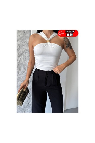 Stilvibe Tek Omuz Tokalı Sandy Bluz Beyaz