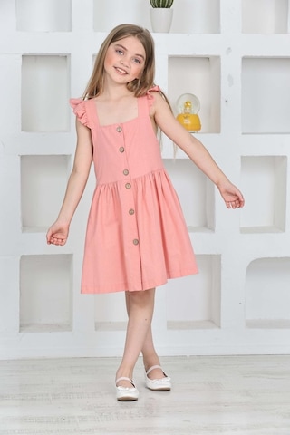 Kız Çocuk %100 Pamuk Keten Elbise 12197 Pudra