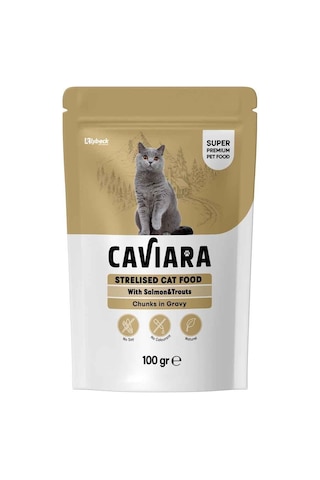 Caviara Pouch Somon Ve Alabalıklı Kısır Kedi Maması Sos İçinde Et Parçacıklı 100 Gr
