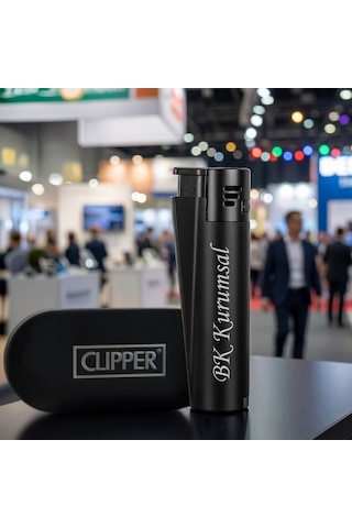 Bk Kurumsal Firma İsimli Siyah Clipper Çakmak 10 Adet Metal Gövdeli Hediye Kutulu