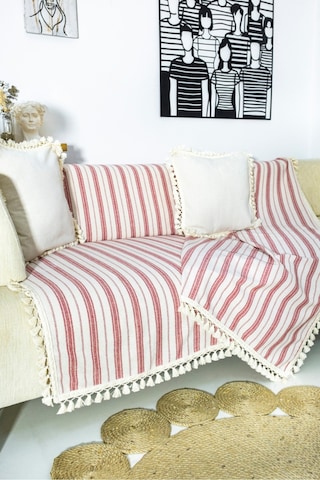 Dnc Home Tekstil Ndchome Bordo Çizgili Ham Ponponlu Otantik Koltuk Örtüsü Koltuk Şalı