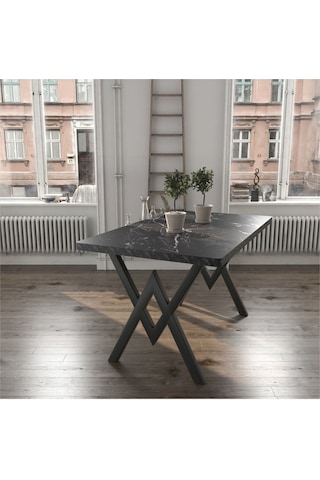 Avvio 80x120 Serap Tel Kafes 4 Kişilik Siyah Mermer Görünümlü Mutfak Masası Yemek Masası Cafe Masası