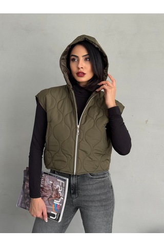 Kadın Cepli Kapitone Kapüşonlu Crop Yelek Haki