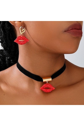Kadınlar Bayanlar İçin Moda Seksi Ve Çekici Alev Kırmızısı Dudaklar Takı Seti Kırmızı