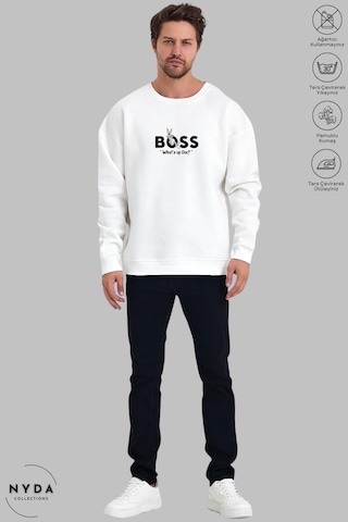 Unisex Bugs Bunny Baskılı Bisiklet Yaka Kapüşonsuz Şardonlu Oversize %100 Pamuk Penye Sweatshirt Beyaz