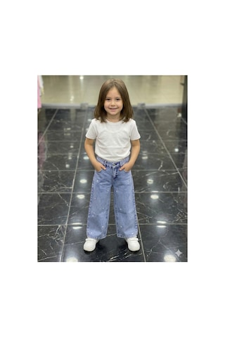 Erdem Kıds Kız Çocuk Jean Pantolon Palazzo Geniş Bol Paça Yıldız Nakışlı Kot Pantolon Açık Mavi Açık Mavi