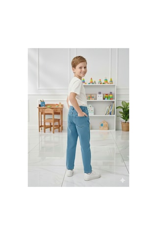 Erdem Kıds Erkek Çocuk Pamuklu Beli Lastikli Baggy Jean Pantolon Rahat Kalıp Geniş Bol Paça Kot Pantolon Mavi Mavi