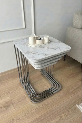 4 Lü Metal Ayak Sehpa Mermer Desenli Çok Renkli