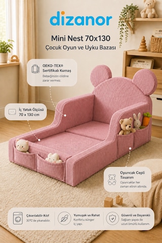 Dizanor Mini Nest 6'sı 1 Arada Bebek Oyun Parkı ve Park Yatak Pembe Fitilli 70 X 130