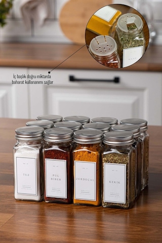 Mienda Home 12'li Cam Baharatlık Seti Kapaklı Etiketli Baharatlık Şeffaf