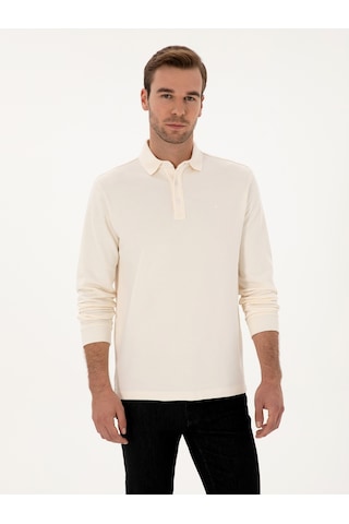 Ekru Regular Fit %100 Pamuk 3 İplik Polo Yaka Sweatshirt Bej