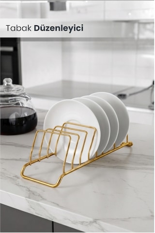 9 Bölmeli Gold Tabaklık Ve Tabak Düzenleyici Mini Bulaşıklık - Gold Dolap İçi Çay Kahve Tablası Düzenleyici