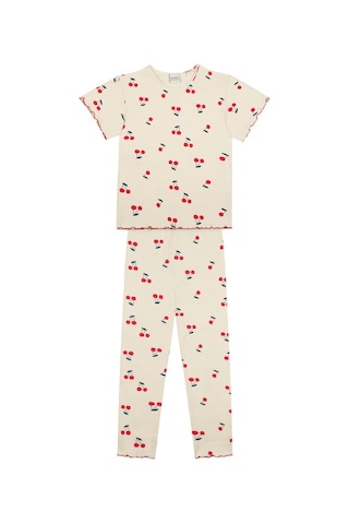 Antebies Organik Krem Kiraz Desenli Beli Lastikli Kısa Kollu Kız Çocuk Pijama Takımı