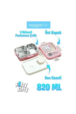 Vagonlife Lunch Box 820 Ml Tek Kat Üç Bölmeli Sos Kaseli Yeni Nesil Sefer Tası-fflbox10283 Pembe
