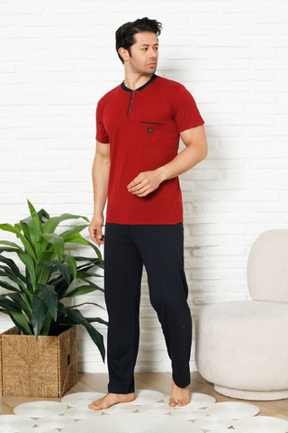 Enisena Erkek %100 Pamuklu Pijama Takımı-3 Düğmeli-yaka Cepli 12384 Bordo