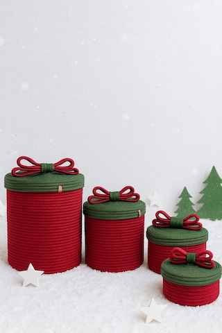 Mavaux Christmas 4 Lü Jüt Halatlı Dekoratif Hediye Sepeti Seti Kırmızı Yeşil Noel Sepeti Çok Renkli 4'lü