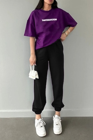 Thatssofetch Mor T-shirt Siyah Eşofman Altı Jogger - Baskılı Alt Üst Takım Bisiklet Yaka Mor Siyah