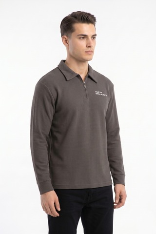 Opınıon Erkek Spor Polo Yaka Petek Dokulu Sweatshırt Bgl-st05442 Vizon