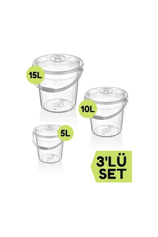 Bayev 3lü 15-10-5lt Kapaklı Su Kovası Şeffaf - Temizlik Bahçe Kovası Un Bakliyat Saklama Kutusu Diğer