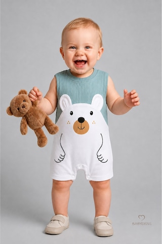 Babyden's Erkek Bebek Yazlık Ayıcık Baskılı Fitilli Tulum %100 Pamuk Kolsuz Şort Tulum Yenidoğan Bebek Romper 0-9 Ay Haki