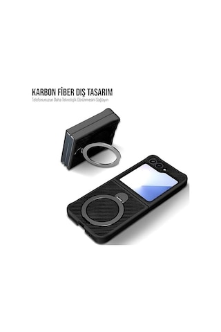 Karbon Fiber Materyal Stand Özellikli Lens Çerçeveli Ve Sararmayan Güçlü Darbe Emici Premium Kılıf Siyah, Samsung Galaxy Uyumlu Z Flip 5