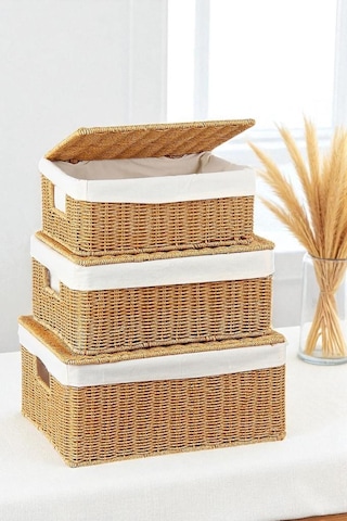 Digithome 3 Lü Kapaklı Hasır Organizer Sepet- 1376 Kahverengi