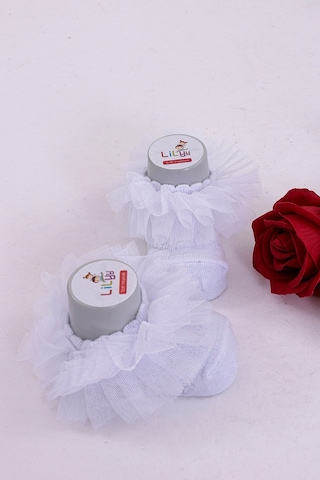 Burçak Çorap Soft Yıkamalı Kız Bebek Çorabı - Tül Ve Güpür Detaylı Pamuklu Model 4'lü Kırık Beyaz