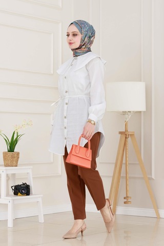 Sevitli Beli Bağcık Detaylı Geniş Yaka Tunik-beyaz-4991 Beyaz