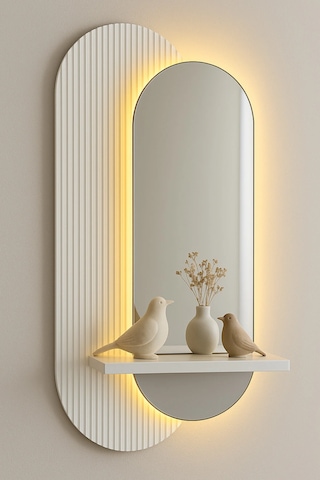 Aynalı Lüks Modern Led Duvar Dekoru Raflı Tasarım Uzaktan Kumandalı Ambiyans Işığı 110x46 Cm Beyaz